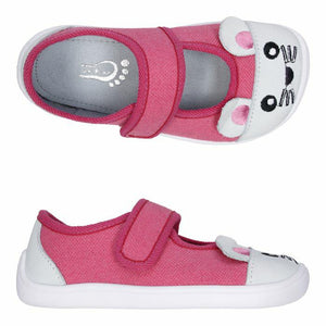 Elf Athena Fuchsia – детски босоноги платнени топлинки Bar3foot со чичак и глувче на прстите, циклама боја, поглед одозгора и од страна