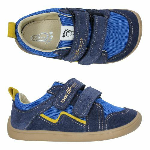 Elf Dakota Hydro Navy Blue – детски босоноги патики Bar3foot од мрежа што дише, темно сина и сина со жолт детал, поглед одозгора и од страна